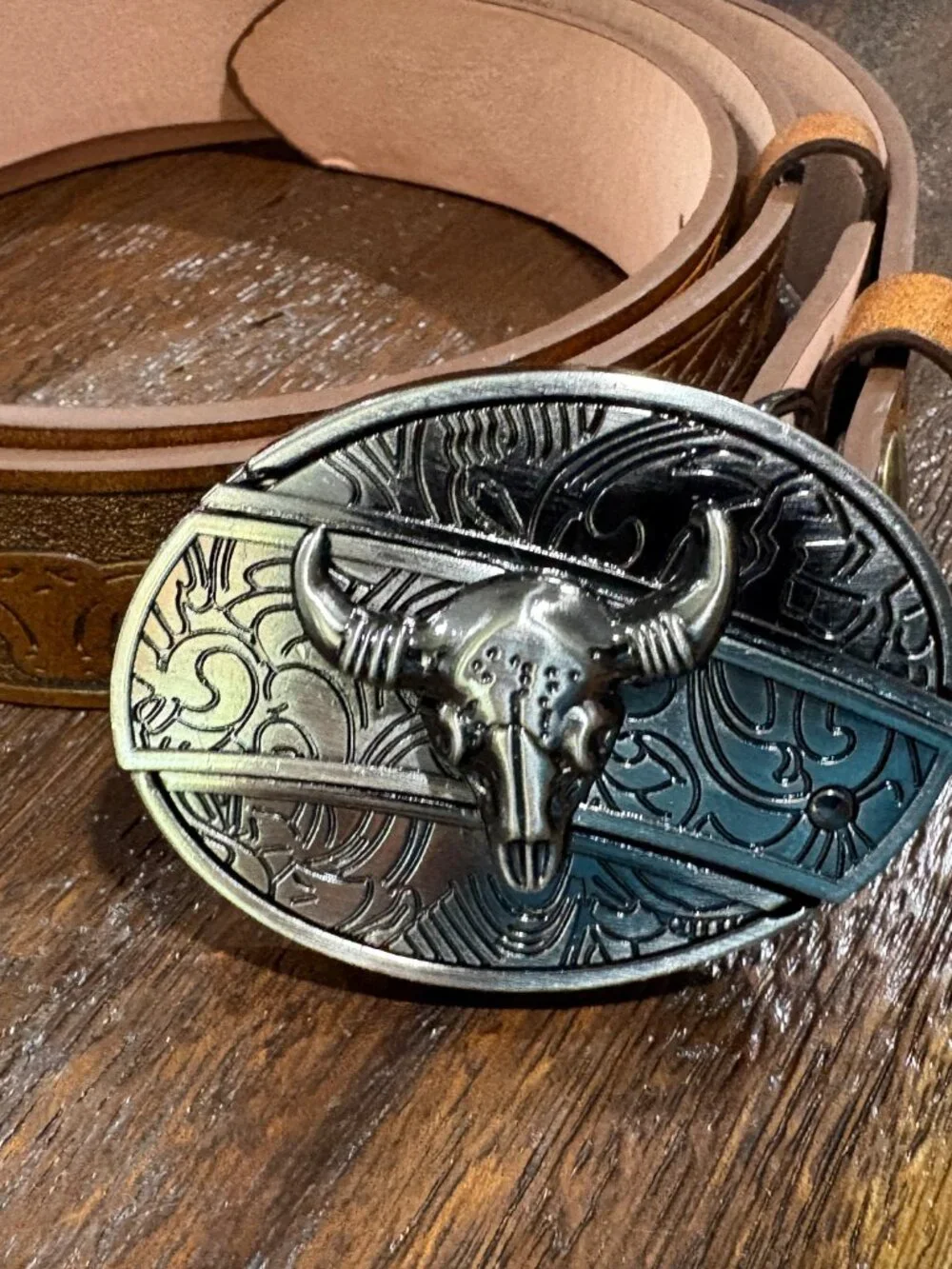 Western Longhorn Floral Brown Leather Belt Hidden Knife Belt Buckle 50